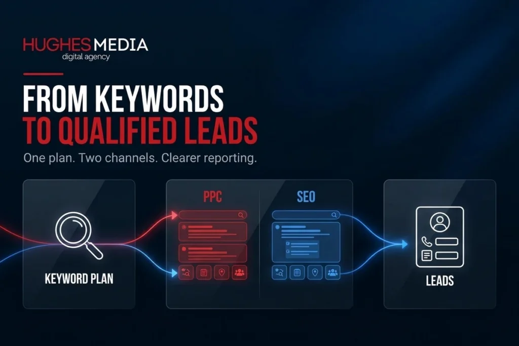 Diagram showing a shared keyword plan flowing through PPC and SEO channels to generate leads