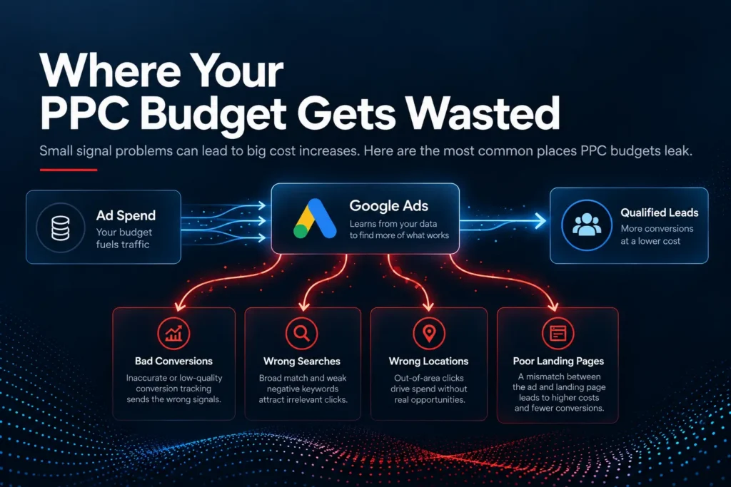 Diagram showing how bad conversion data, irrelevant searches, wrong locations, and poor landing pages waste PPC budget